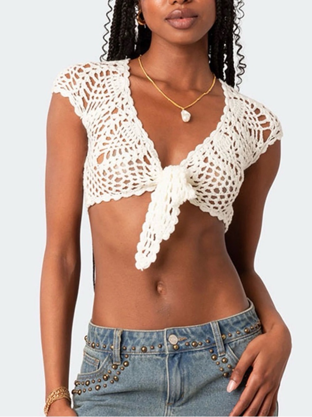 Edikted NWT Rocco Crochet Tie-Front Crop Top - Cream